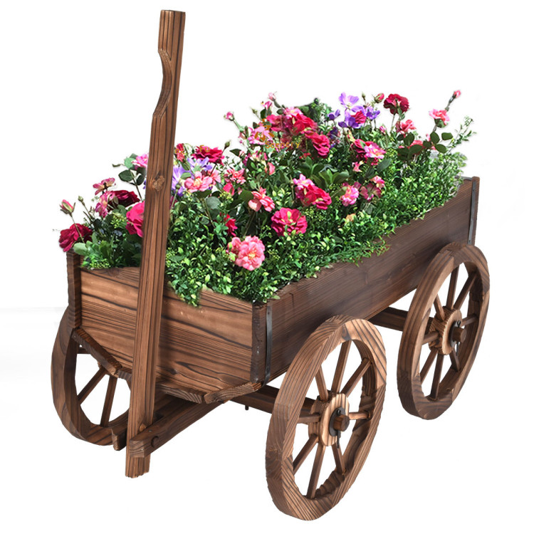Wood Wagon Planter Pot Stand with WheelsCostway Gallery View 2 of 12