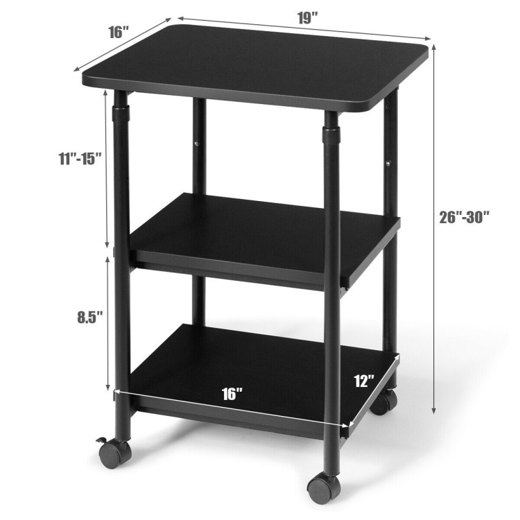 3-tier Adjustable Printer Stand with 360° Swivel Casters-BlackCostway Gallery View 5 of 12
