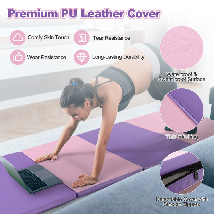 Folding Gymnastics Mat with Carry Handles and Sweatproof Detachable PU  Leather Cover - Costway