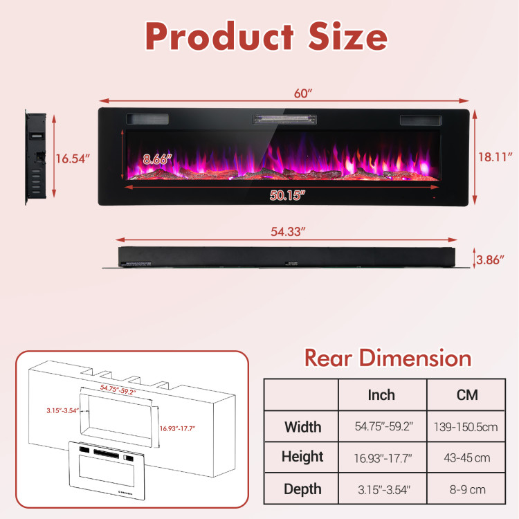 60 Inches Ultra-thin Electric Fireplace with Remote Control and Timer FunctionCostway Gallery View 4 of 10