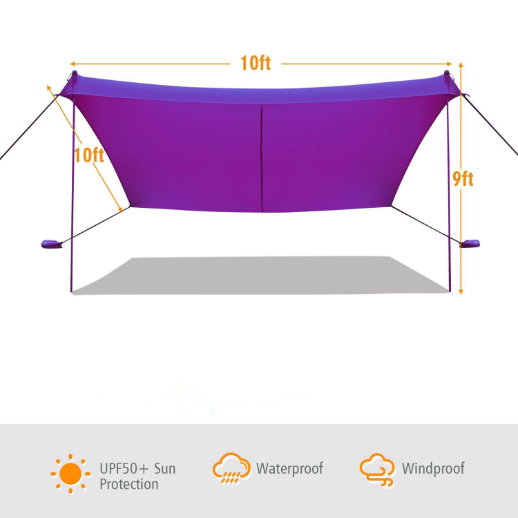 10 Foot Ride 9 Foot Family Beach Tent Canopy Sunshade with 4 Poles-PurpleCostway Gallery View 4 of 10