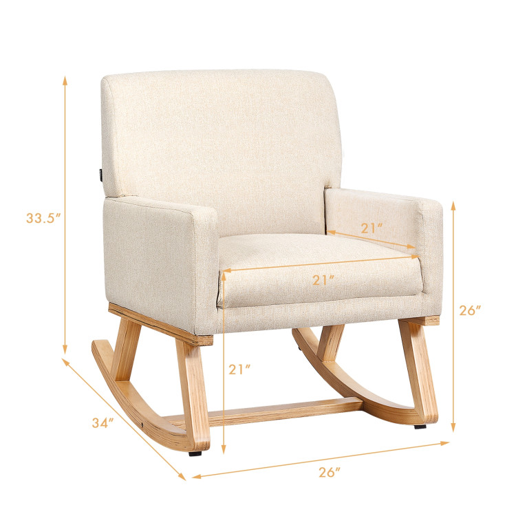Upholstered Rocking Chair with and Solid Wood Base-BeigeCostway Gallery View 4 of 12