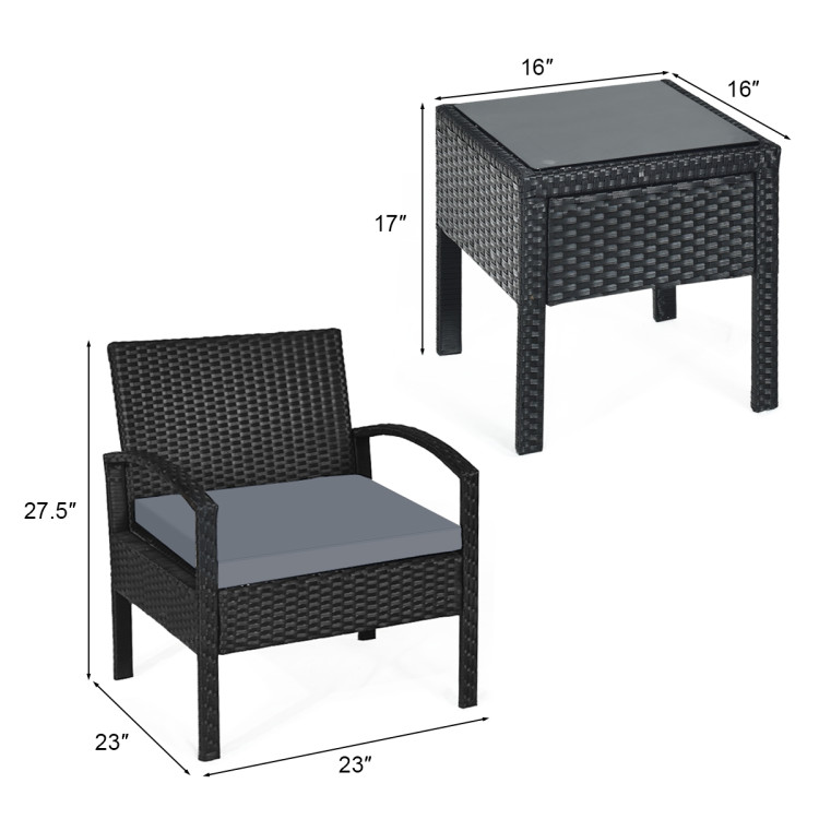 3 Pieces Outdoor Rattan Patio Conversation Set with Seat Cushions-GrayCostway Gallery View 4 of 12