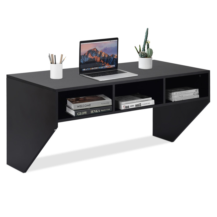 Wall Mounted Floating Sturdy Computer Table with Storage Shelf-BlackCostway Gallery View 10 of 13
