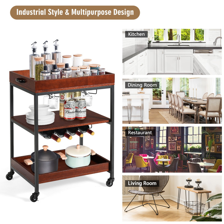 3 Tiers Kitchen Island Serving Bar Cart with Glasses Holder and Wine Bottle RackCostway Gallery View 10 of 11