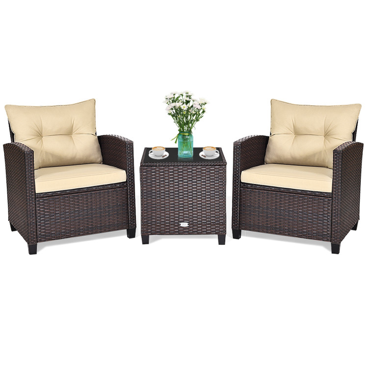 3 Pcs Patio Rattan Furniture Set Cushioned Conversation Set Coffee Table-BeigeCostway Gallery View 3 of 9