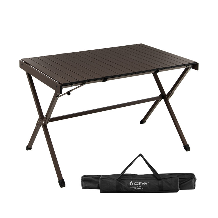 4-6 Person Portable Aluminum Camping Table with Carrying Bag-BrownCostway Gallery View 1 of 12