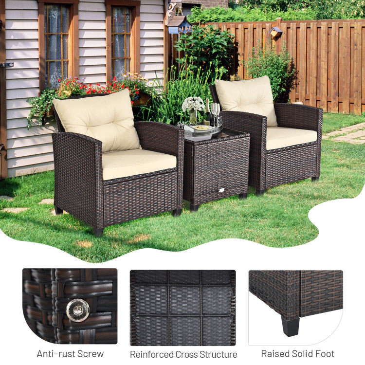 3 Pcs Patio Rattan Furniture Set Cushioned Conversation Set Coffee Table-BeigeCostway Gallery View 6 of 9