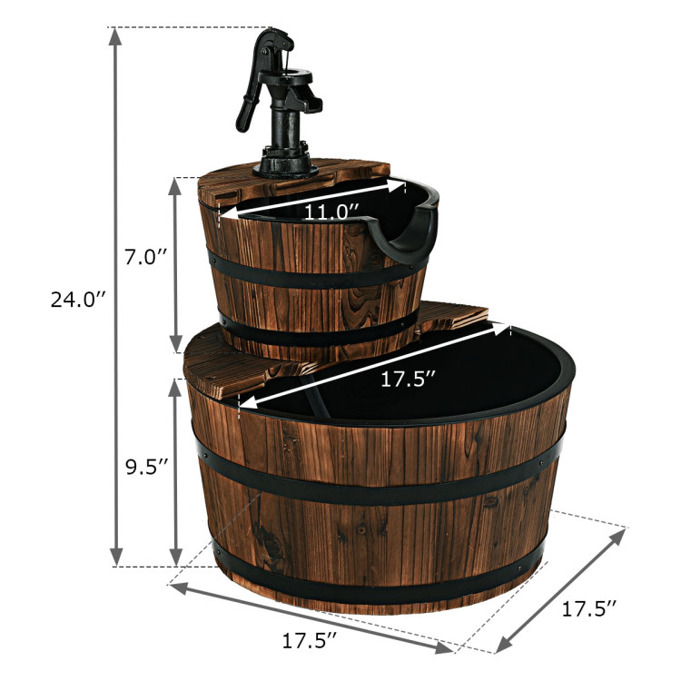 2 Tiers Outdoor Wooden Barrel Waterfall Fountain with PumpCostway Gallery View 4 of 10