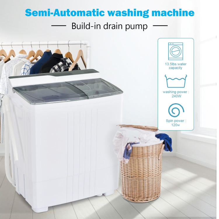 Twin Tub Portable Washing Machine with Timer Control and Drain Pump for Apartment-GrayCostway Gallery View 3 of 13