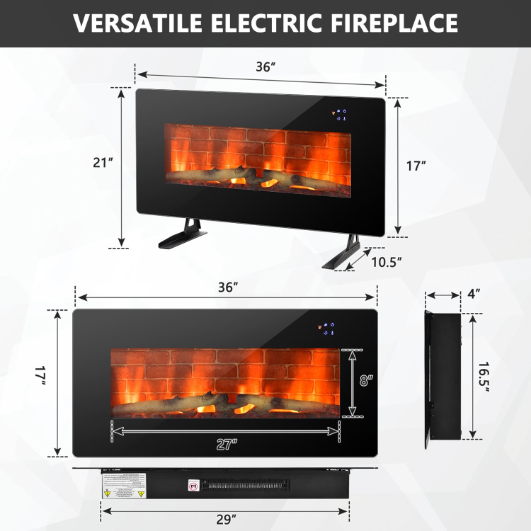 36 Inch Electric Wall Mounted Freestanding Fireplace with Remote Control-BlackCostway Gallery View 4 of 10