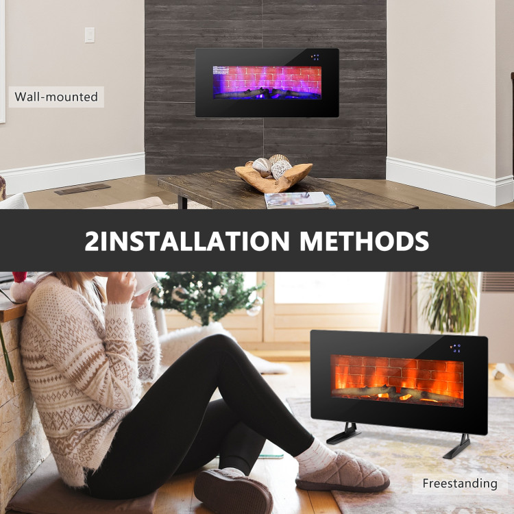 36 Inch Electric Wall Mounted Freestanding Fireplace with Remote Control-BlackCostway Gallery View 6 of 10