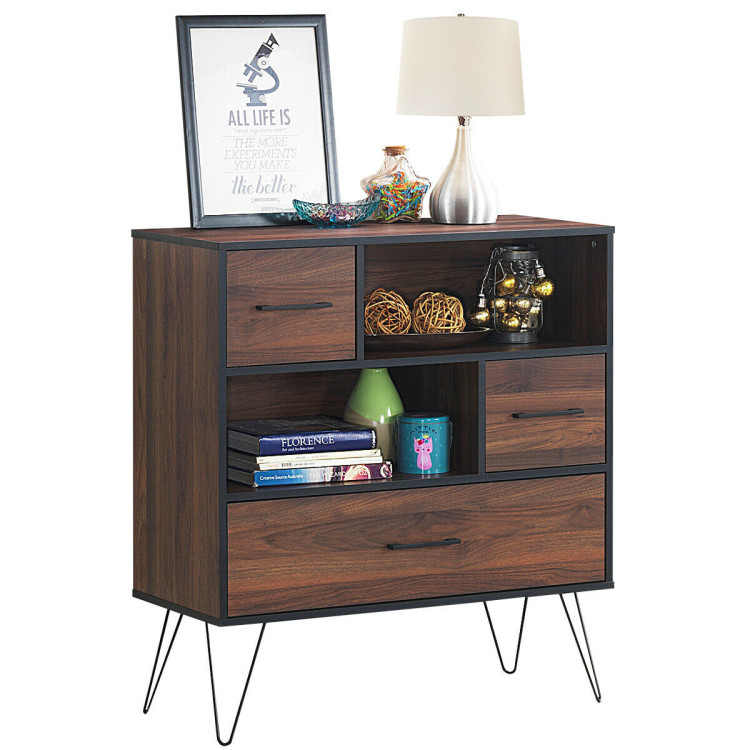 3-Tier Wood Storage Cabinet with Drawers and 4 Metal LegsCostway Gallery View 6 of 13