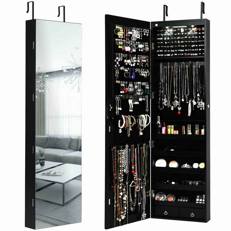 Wall and Door Mounted Mirrored Jewelry Cabinet with Lights-BlackCostway Gallery View 1 of 12