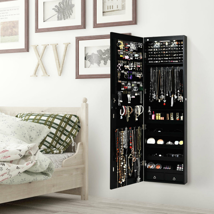 Wall and Door Mounted Mirrored Jewelry Cabinet with Lights-BlackCostway Gallery View 7 of 12