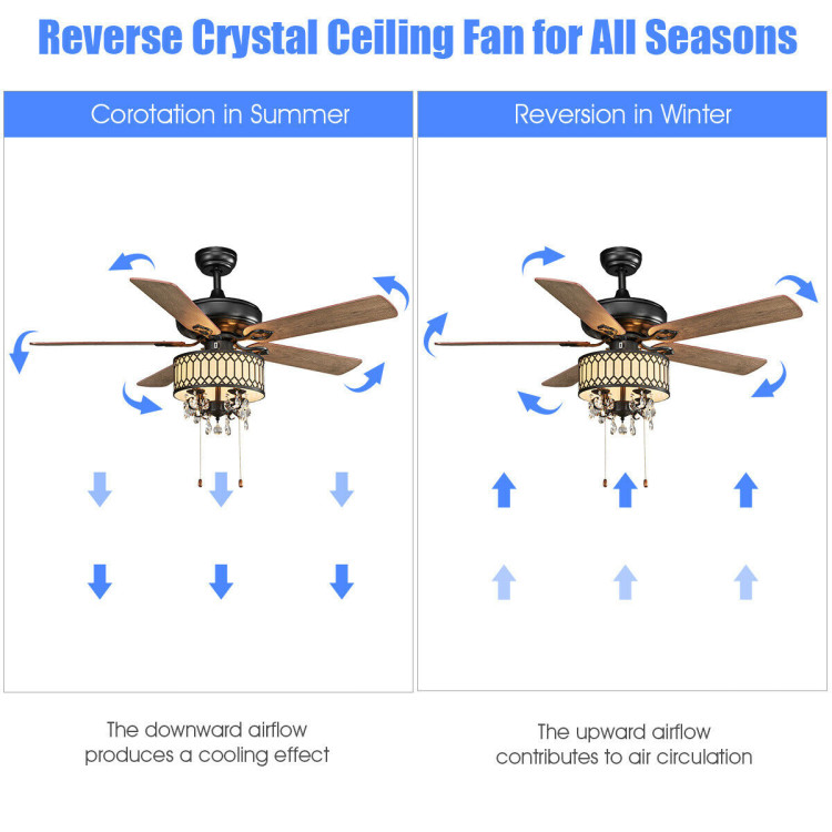 52 Inch Crystal Ceiling Fan Lamp w/ 5 Reversible Blades-BlackCostway Gallery View 3 of 10