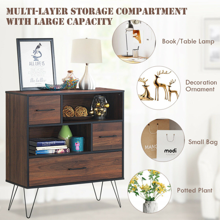 3-Tier Wood Storage Cabinet with Drawers and 4 Metal LegsCostway Gallery View 10 of 13