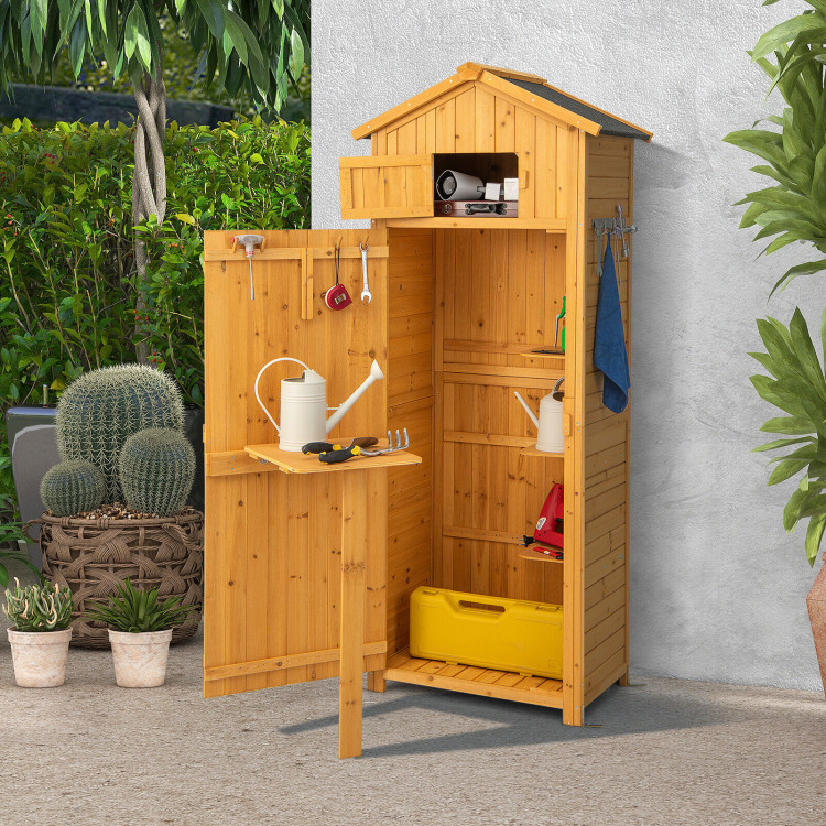 Costway Outdoor Storage Shed Lockable Wooden Garden Tool Storage Cabinet w/ Shelves