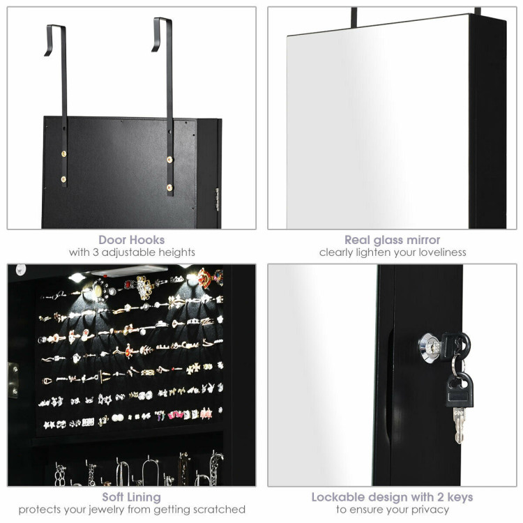 Wall and Door Mounted Mirrored Jewelry Cabinet with Lights-BlackCostway Gallery View 12 of 12
