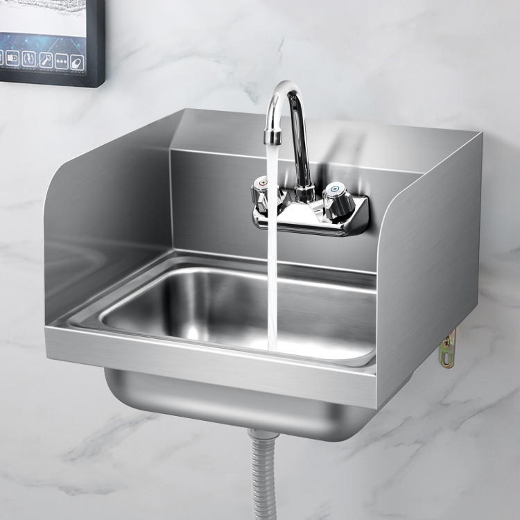 Stainless Steel Sink Wall Mount Hand Washing Sink with Faucet and Side SplashCostway Gallery View 7 of 11