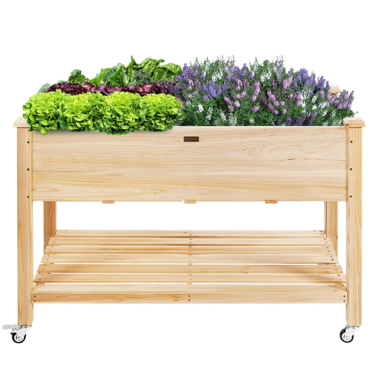 Wood Elevated Planter Bed with Lockable Wheels Shelf and LinerCostway Gallery View 9 of 11