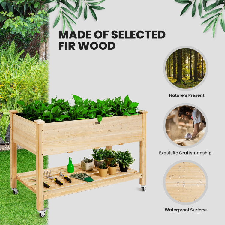 Wood Elevated Planter Bed with Lockable Wheels Shelf and LinerCostway Gallery View 2 of 11