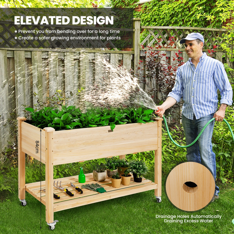 Wood Elevated Planter Bed with Lockable Wheels Shelf and LinerCostway Gallery View 6 of 11