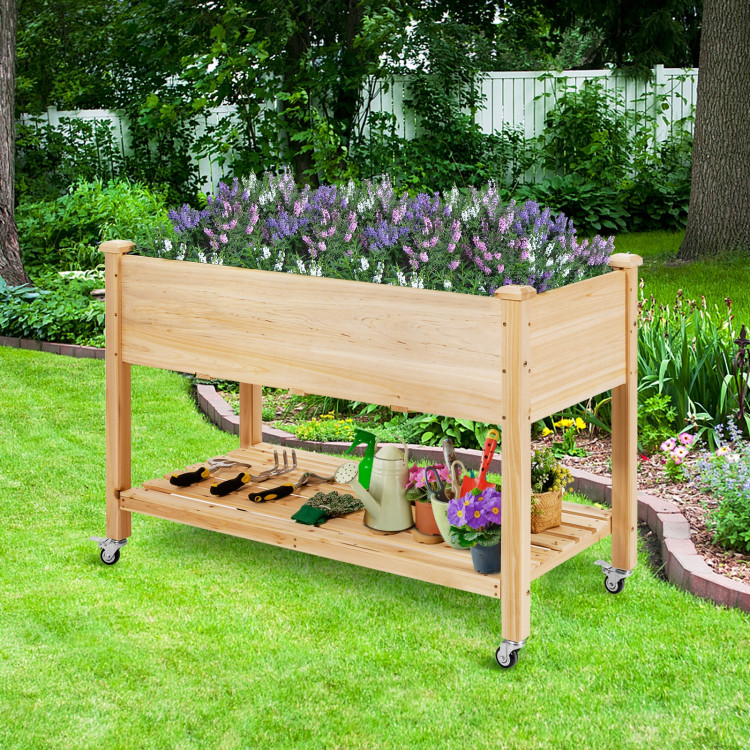 Wood Elevated Planter Bed with Lockable Wheels Shelf and LinerCostway Gallery View 8 of 11