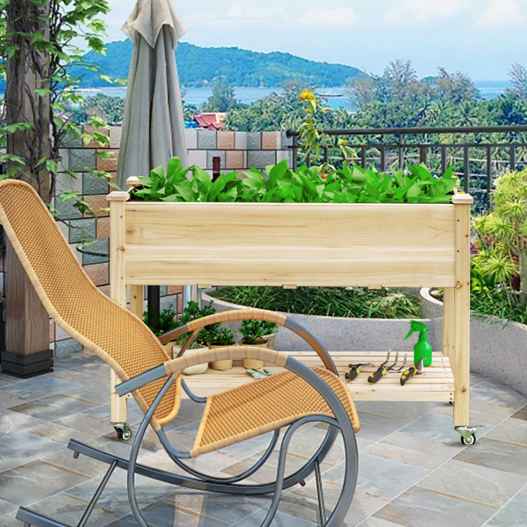 Wood Elevated Planter Bed with Lockable Wheels Shelf and LinerCostway Gallery View 8 of 11