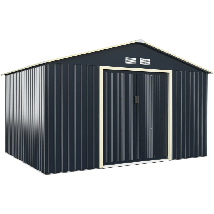 11 x 8 Feet Metal Storage Shed for Garden and Tools with 2 Lockable Sliding Doors-GrayCostway Gallery View 1 of 12