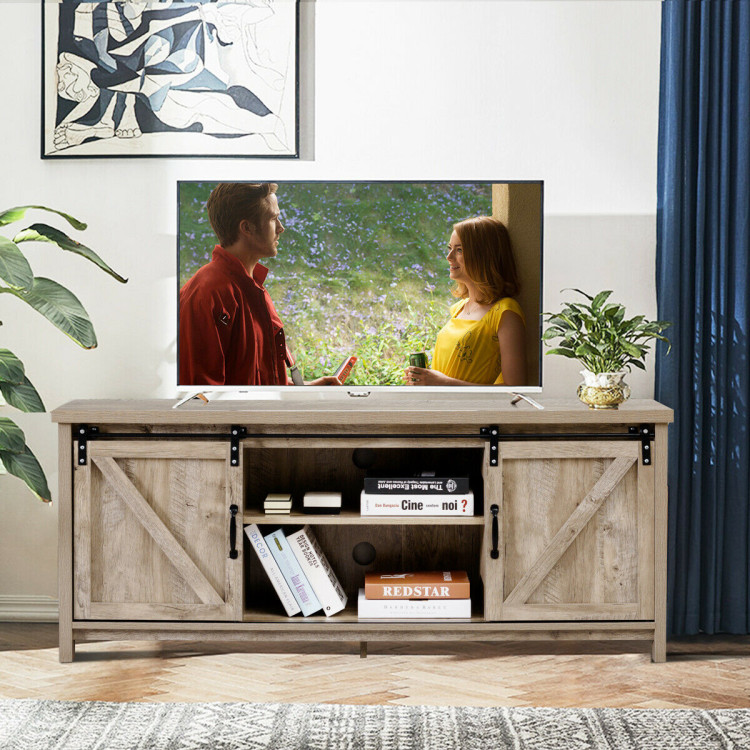 TV Stand Media Center Console Cabinet with Sliding Barn Door - GrayCostway Gallery View 8 of 12