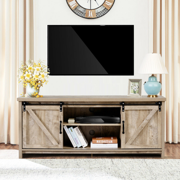 TV Stand Media Center Console Cabinet with Sliding Barn Door - GrayCostway Gallery View 9 of 12