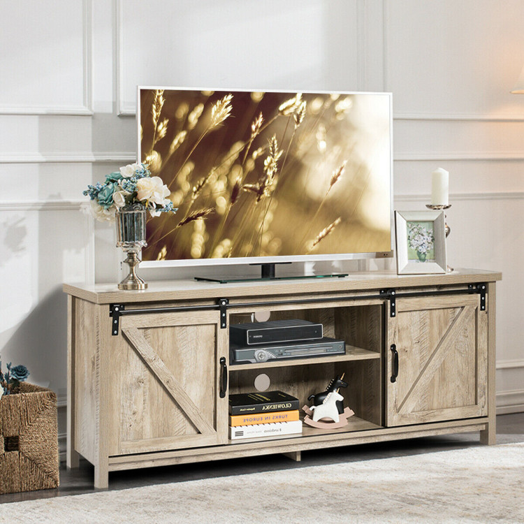 TV Stand Media Center Console Cabinet with Sliding Barn Door - GrayCostway Gallery View 3 of 12