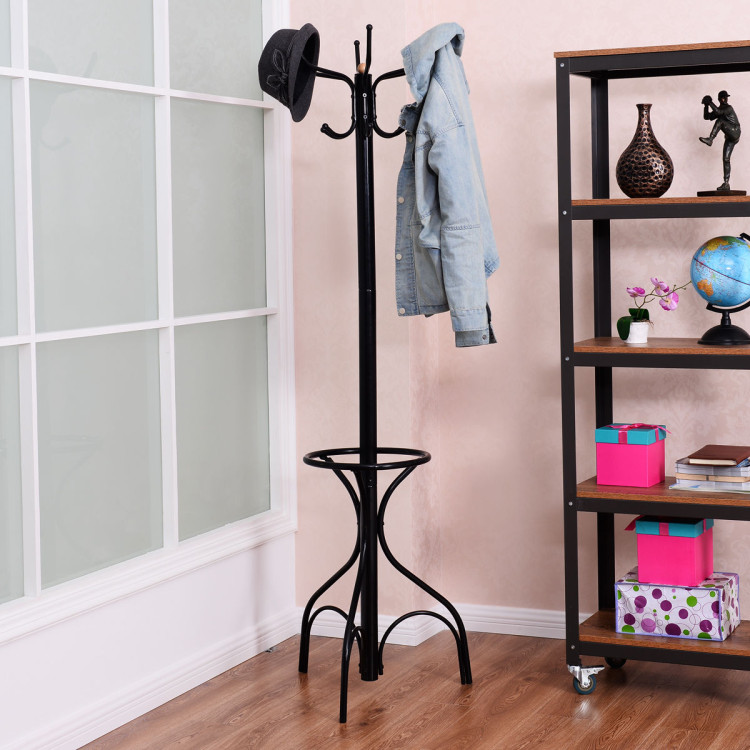 Wooden clothes hat rack with hooks stable round bottom rack corner living  room floor standing coat rack simple coat rack for home or office[Coffee  color] 