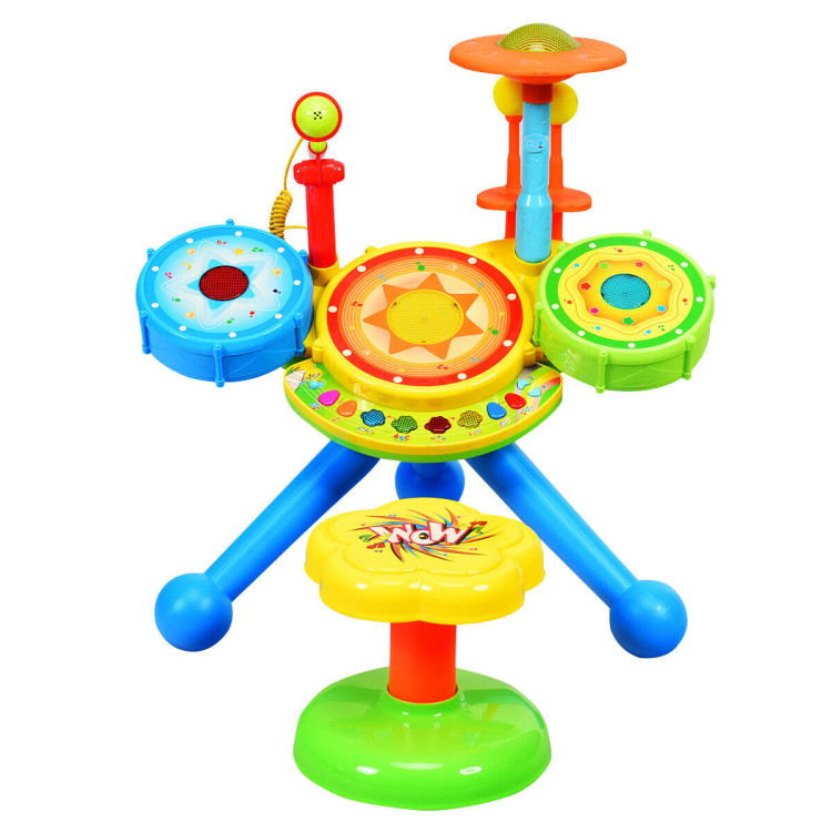 Kids Electric Jazz Drum Set with Stool Microphone and LED LightCostway Gallery View 2 of 7