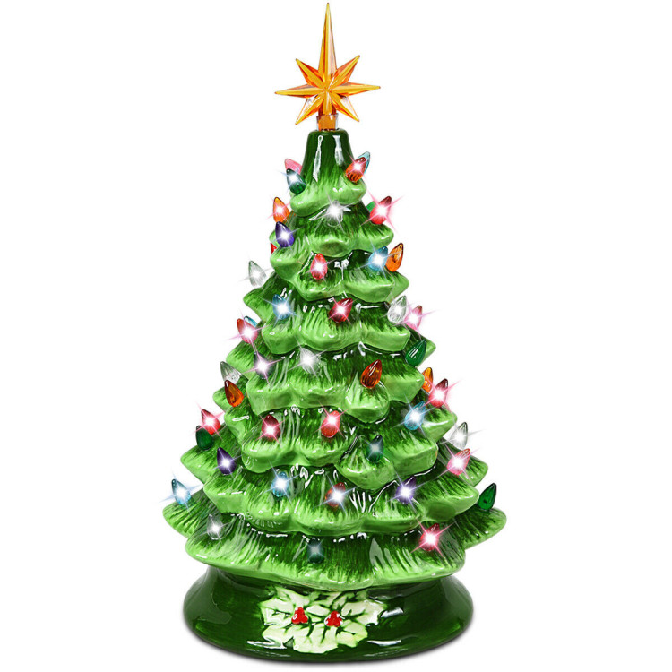 15 Inch Pre-Lit Hand-Painted Ceramic Christmas Tree-GreenCostway Gallery View 1 of 9
