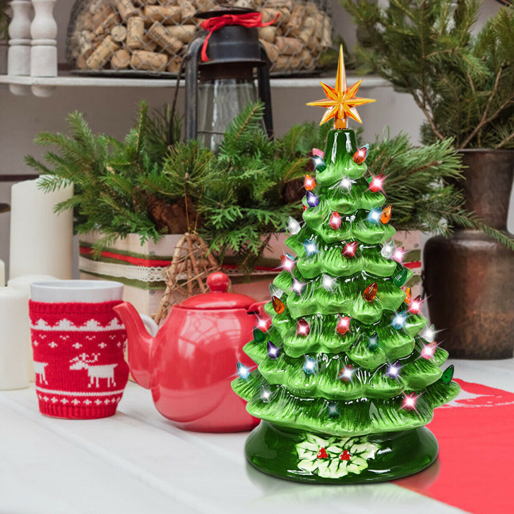 15 Inch Pre-Lit Hand-Painted Ceramic Christmas Tree-GreenCostway Gallery View 2 of 9