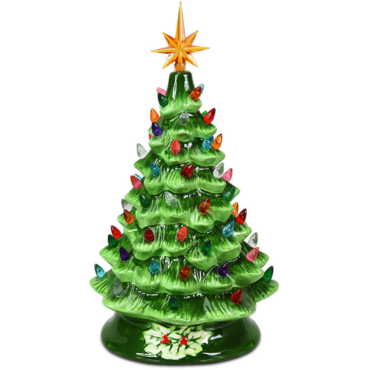 15 Inch Pre-Lit Hand-Painted Ceramic Christmas Tree-GreenCostway Gallery View 8 of 9