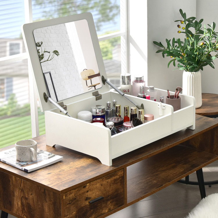 Compact Bay Window Makeup Dressing Table with Flip-Top Mirror-WhiteCostway Gallery View 2 of 10