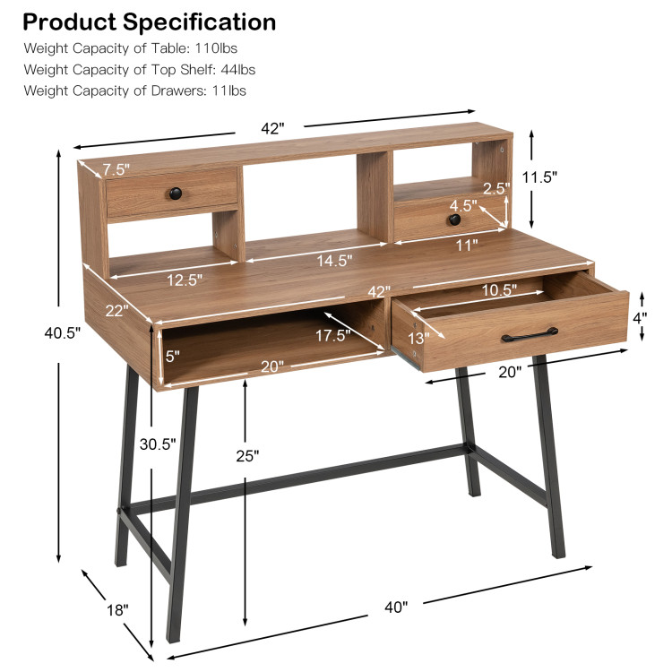 42-Inch Vanity Desk with Tabletop Shelf and 2 Drawers-NaturalCostway Gallery View 4 of 10