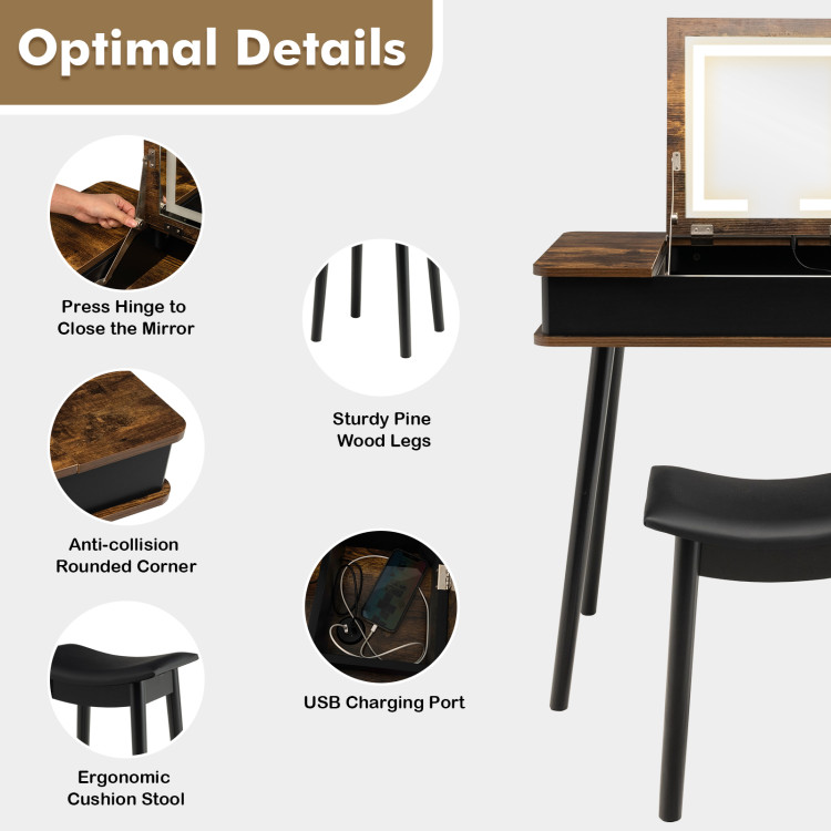 Vanity Table Set with Flip Top Mirror Lights USB Writing Desk and Stool-BrownCostway Gallery View 5 of 10