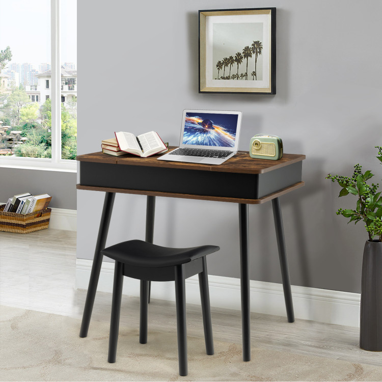 Vanity Table Set with Flip Top Mirror Lights USB Writing Desk and Stool-BrownCostway Gallery View 6 of 10