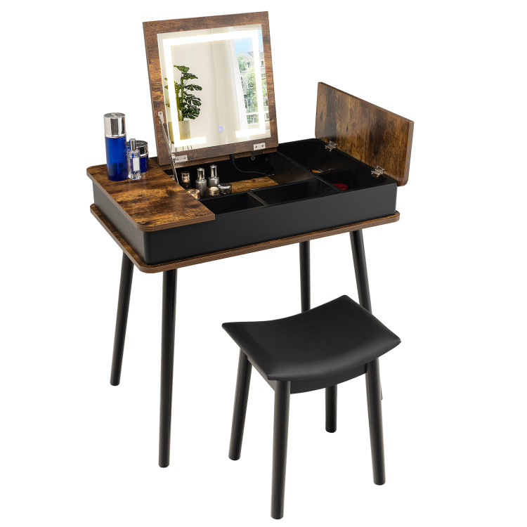 Vanity Table Set with Flip Top Mirror Lights USB Writing Desk and Stool-BrownCostway Gallery View 7 of 10