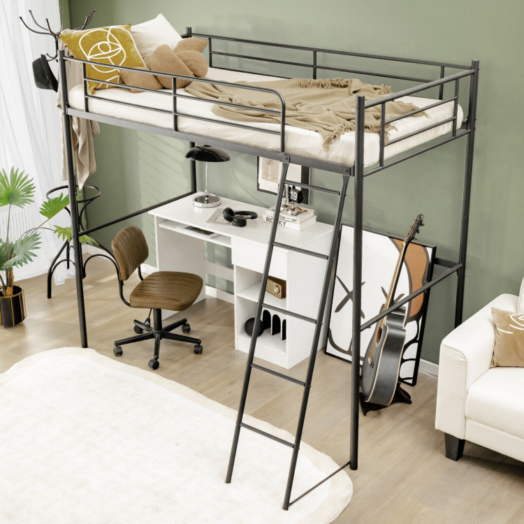 Twin Metal Loft Bed with Ladderand High Guard RailsCostway Gallery View 8 of 10