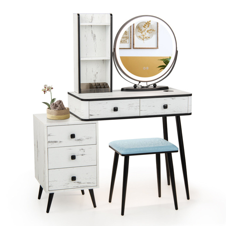 Vanity Table Set with 3-Color Lighted Mirror and Cushioned Stool-WhiteCostway Gallery View 1 of 10