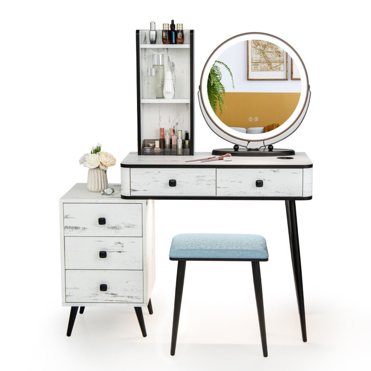 Vanity Table Set with 3-Color Lighted Mirror and Cushioned Stool-WhiteCostway Gallery View 7 of 10