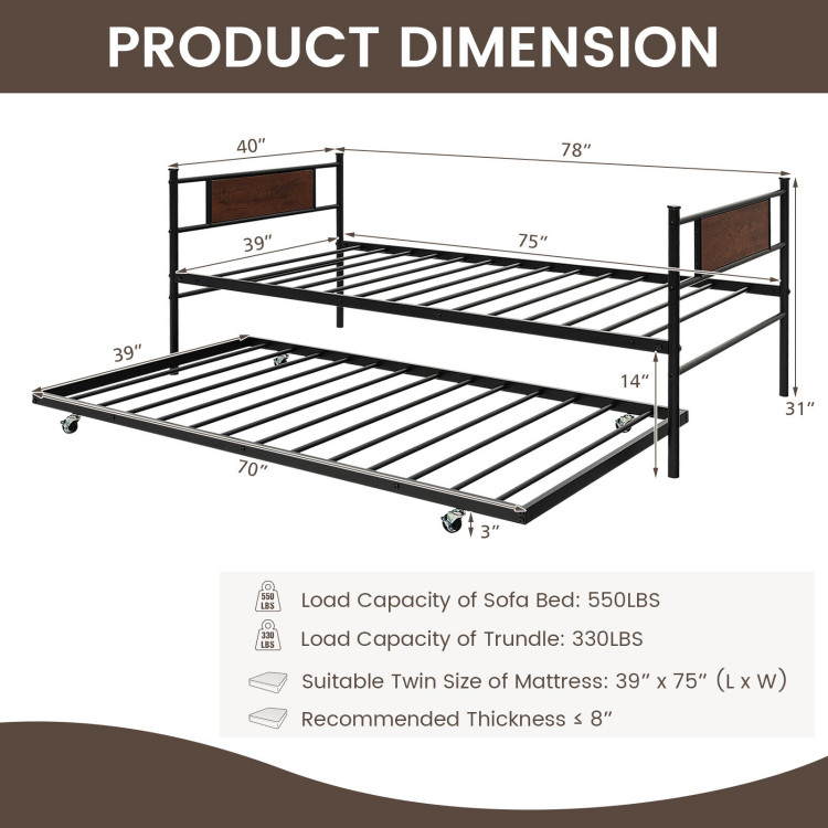 Twin Size 2-In-1 Daybed Frame with Pullout TrundleCostway Gallery View 4 of 9