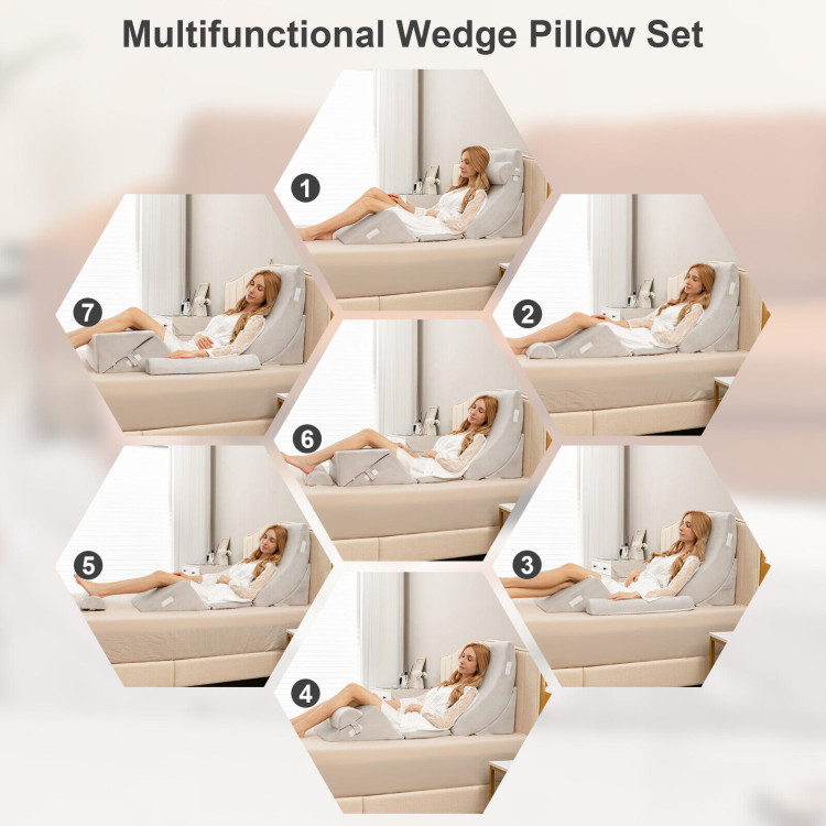 7 Pieces Bed Wedge Pillow Set with Memory Foam and Washable Cover - Costway