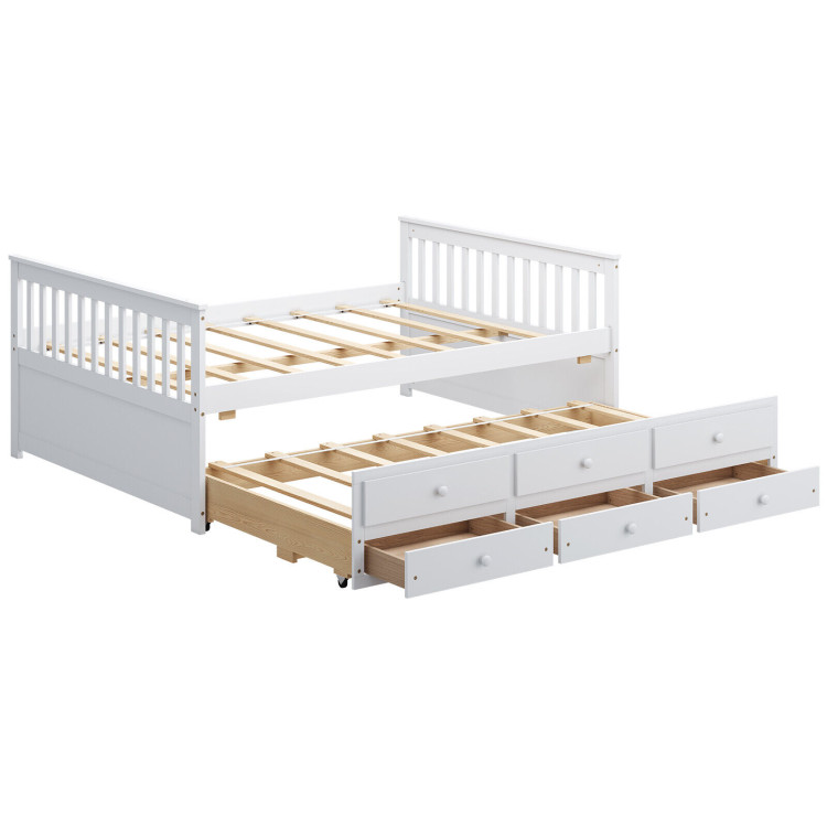 Full Size Wood Daybed Frame with Trundle Bed and 3 Storage Drawers-WhiteCostway Gallery View 1 of 12
