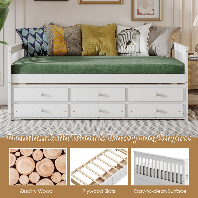 Full Size Wood Daybed Frame with Trundle Bed and 3 Storage Drawers-WhiteCostway Gallery View 3 of 12